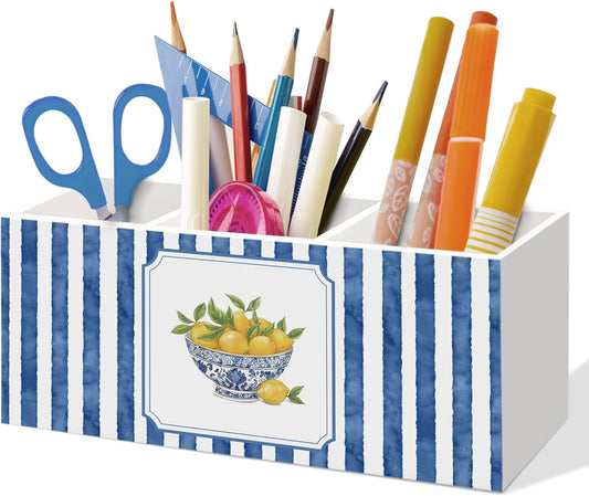 Blue White Chinoiserie Lemon Pen Holder for Home Office Desk, Sicilian Lemons Desk Decor, Mediterranean Lemon Makeup Brush Toothbrush Holder Organizer for Office Bedroom Bathroom