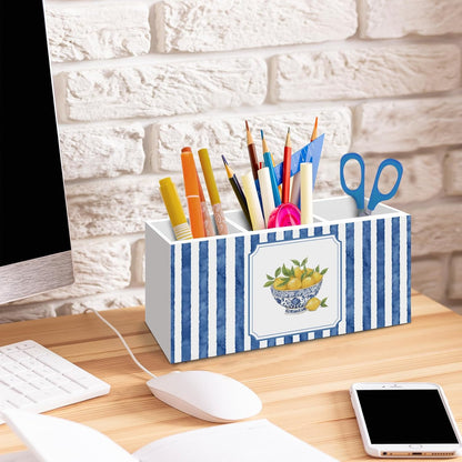 Blue White Chinoiserie Lemon Pen Holder for Home Office Desk, Sicilian Lemons Desk Decor, Mediterranean Lemon Makeup Brush Toothbrush Holder Organizer for Office Bedroom Bathroom