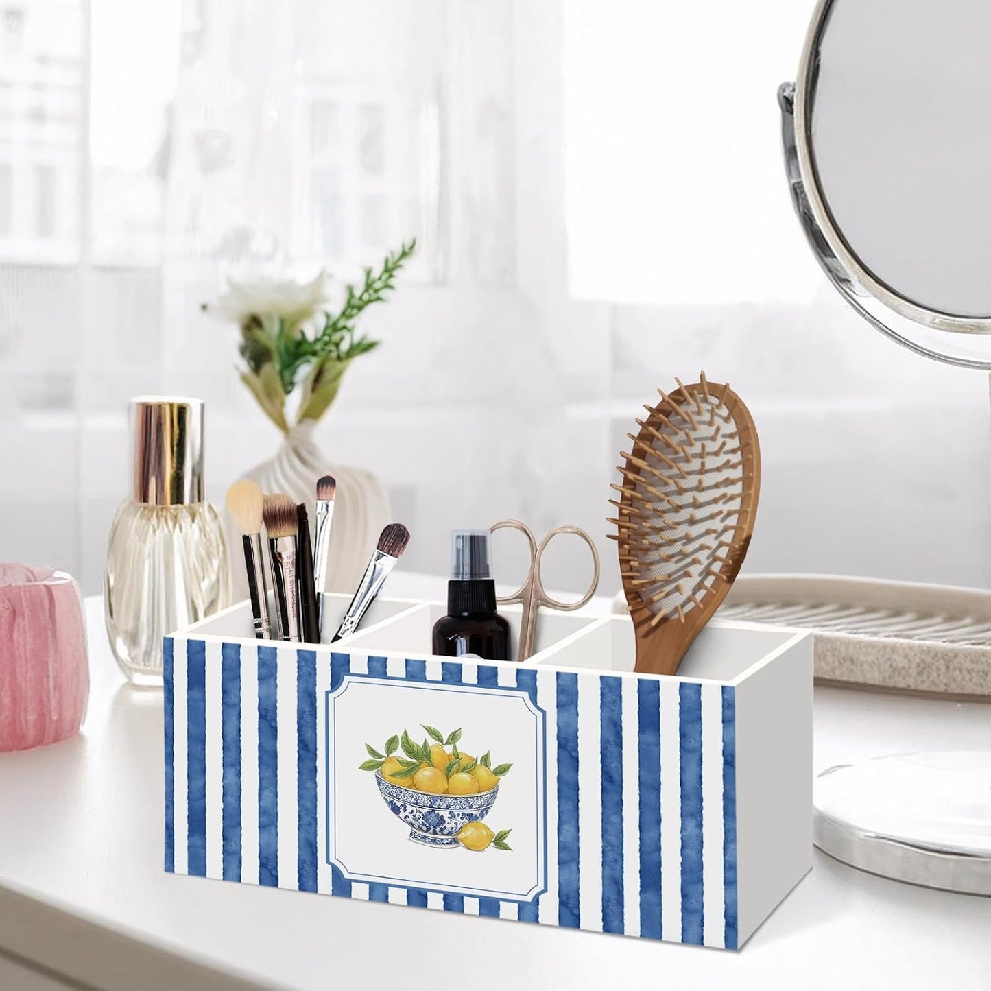 Blue White Chinoiserie Lemon Pen Holder for Home Office Desk, Sicilian Lemons Desk Decor, Mediterranean Lemon Makeup Brush Toothbrush Holder Organizer for Office Bedroom Bathroom
