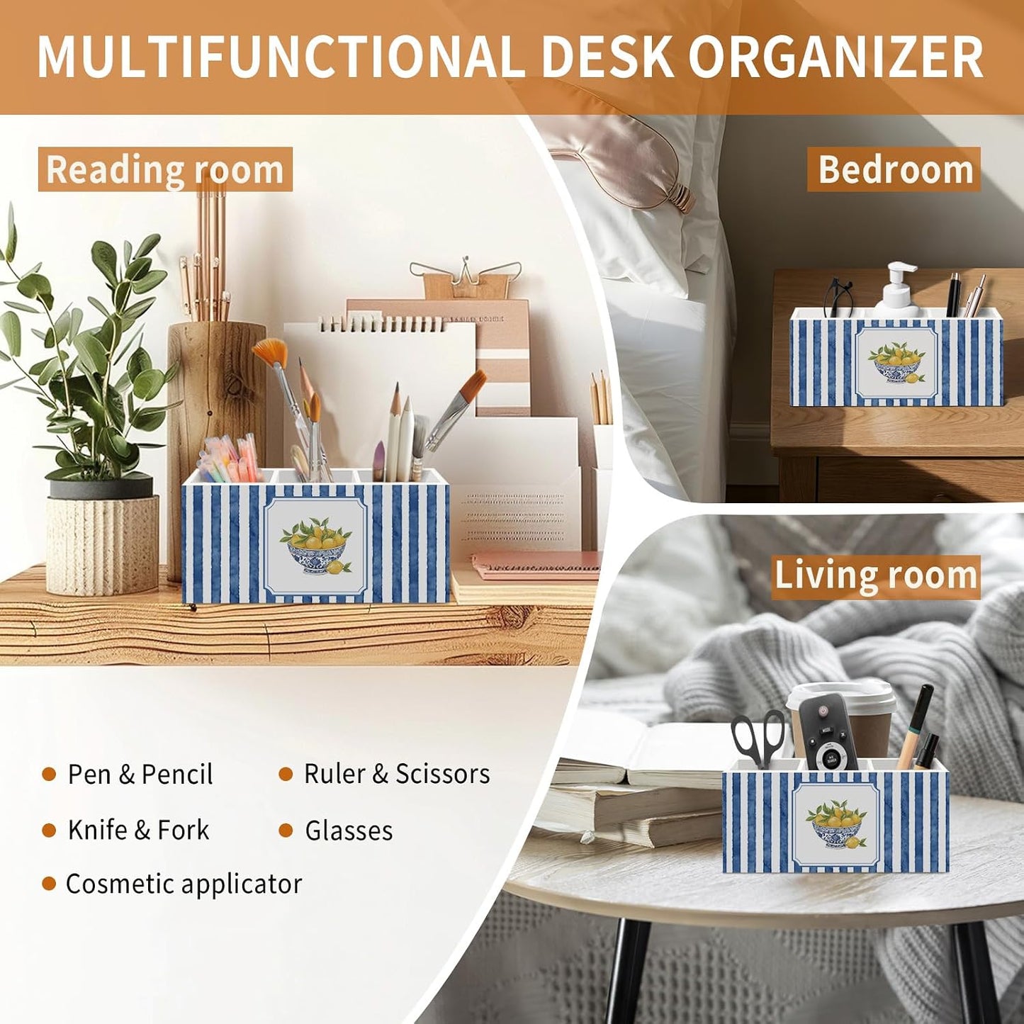 Blue White Chinoiserie Lemon Pen Holder for Home Office Desk, Sicilian Lemons Desk Decor, Mediterranean Lemon Makeup Brush Toothbrush Holder Organizer for Office Bedroom Bathroom