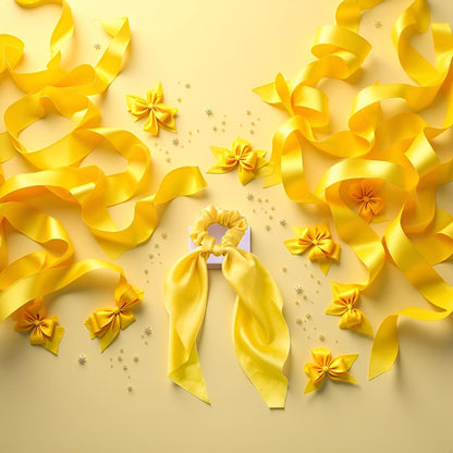 Yellow Bow Scrunchies, Satin Ribbon Ponytail Hair Tie, Rope Scrunchies,Hair Bows, Elastic Band, Bands Elastics Accessories