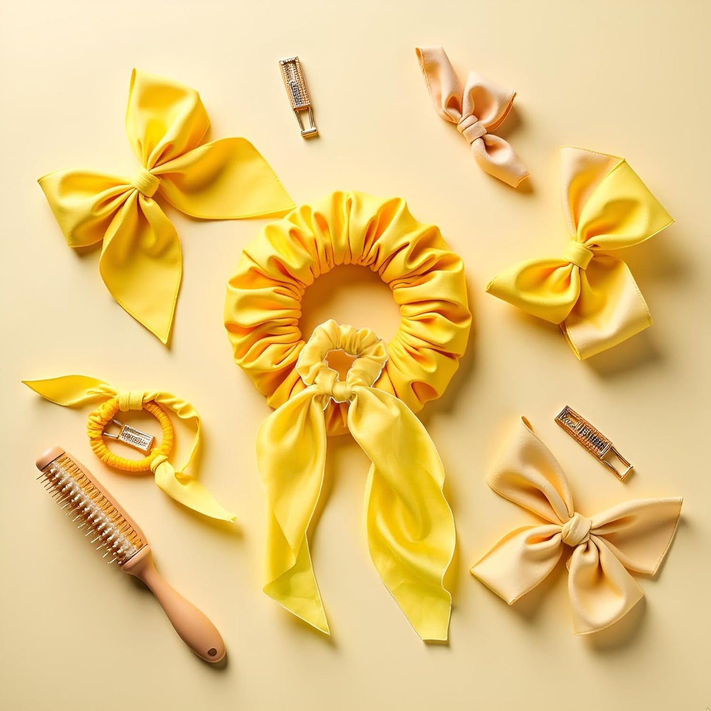 Yellow Bow Scrunchies, Satin Ribbon Ponytail Hair Tie, Rope Scrunchies,Hair Bows, Elastic Band, Bands Elastics Accessories