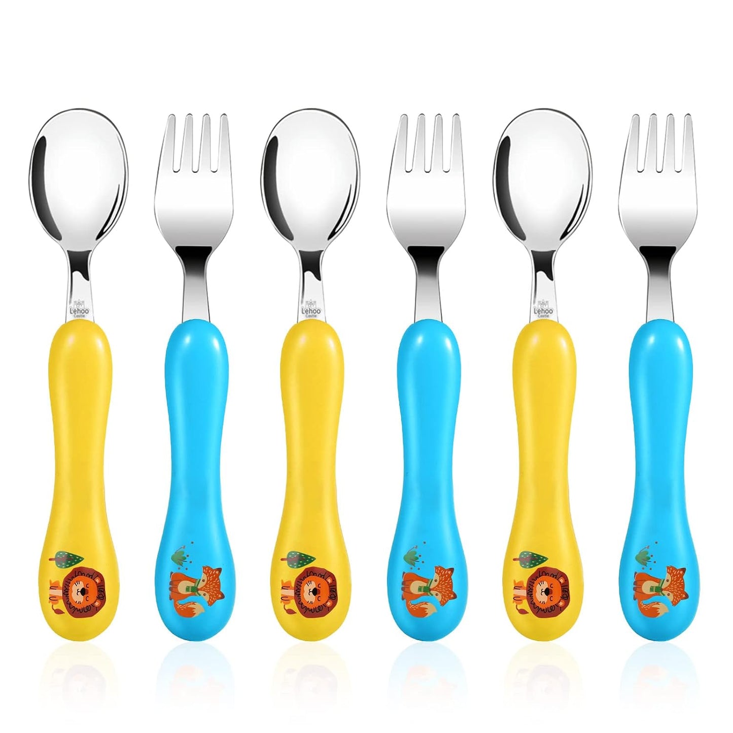 6 Pieces Toddler Utensils, Kids Silverware for 2 3 4 Years Old, Stainless Steel Fork and Spoon Set with Plastic Handle, Safe Toddler Cutlery (Blue Yellow)