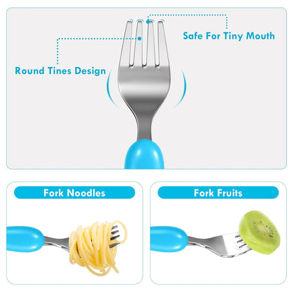 6 Pieces Toddler Utensils, Kids Silverware for 2 3 4 Years Old, Stainless Steel Fork and Spoon Set with Plastic Handle, Safe Toddler Cutlery (Blue Yellow)