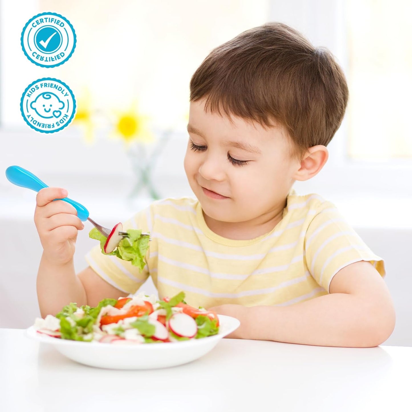 6 Pieces Toddler Utensils, Kids Silverware for 2 3 4 Years Old, Stainless Steel Fork and Spoon Set with Plastic Handle, Safe Toddler Cutlery (Blue Yellow)