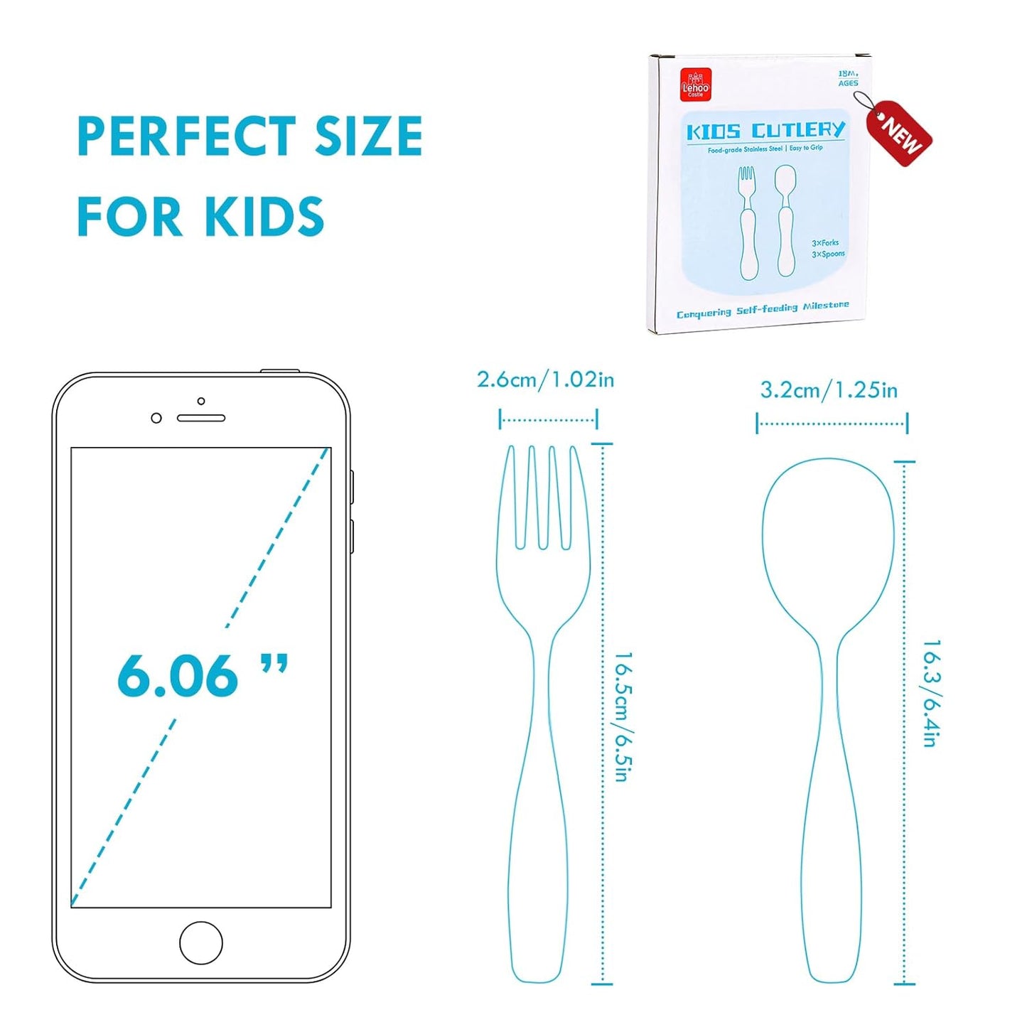 6 Pieces Toddler Utensils, Kids Silverware for 2 3 4 Years Old, Stainless Steel Fork and Spoon Set with Plastic Handle, Safe Toddler Cutlery (Blue Yellow)
