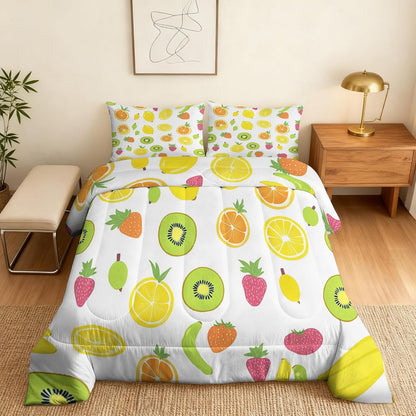 Fruit Comforter Queen Size, Lemon Kiwi Strawberry Banana Comforter All Season Down Alternative Queen, Fruit Bedding Set Bedroom Decor Duvet with Pillowcase