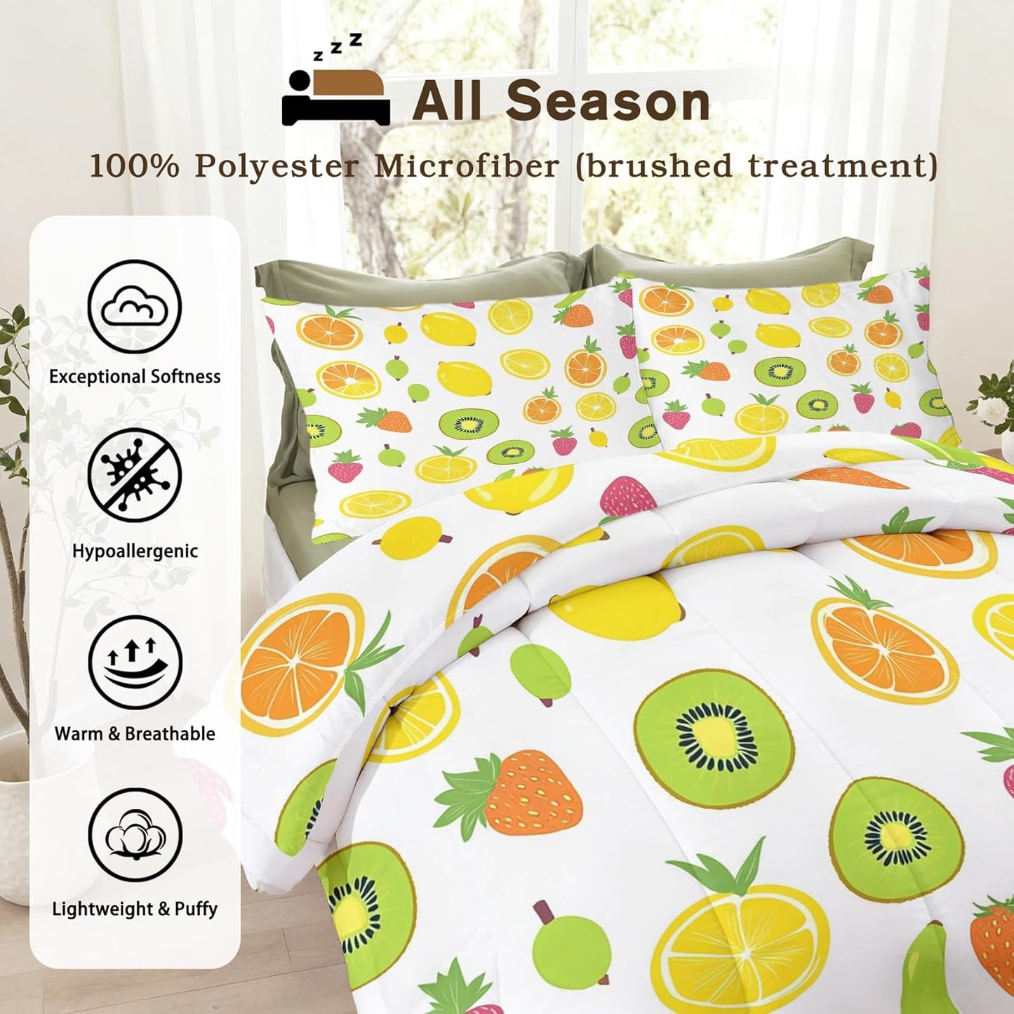 Fruit Comforter Queen Size, Lemon Kiwi Strawberry Banana Comforter All Season Down Alternative Queen, Fruit Bedding Set Bedroom Decor Duvet with Pillowcase