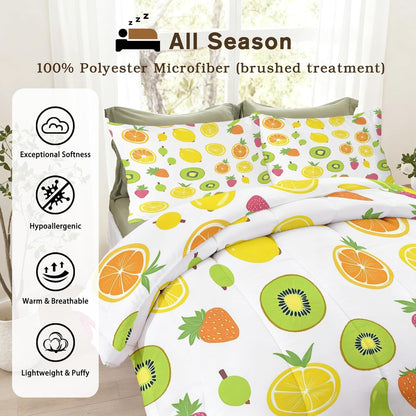 Fruit Comforter Queen Size, Lemon Kiwi Strawberry Banana Comforter All Season Down Alternative Queen, Fruit Bedding Set Bedroom Decor Duvet with Pillowcase