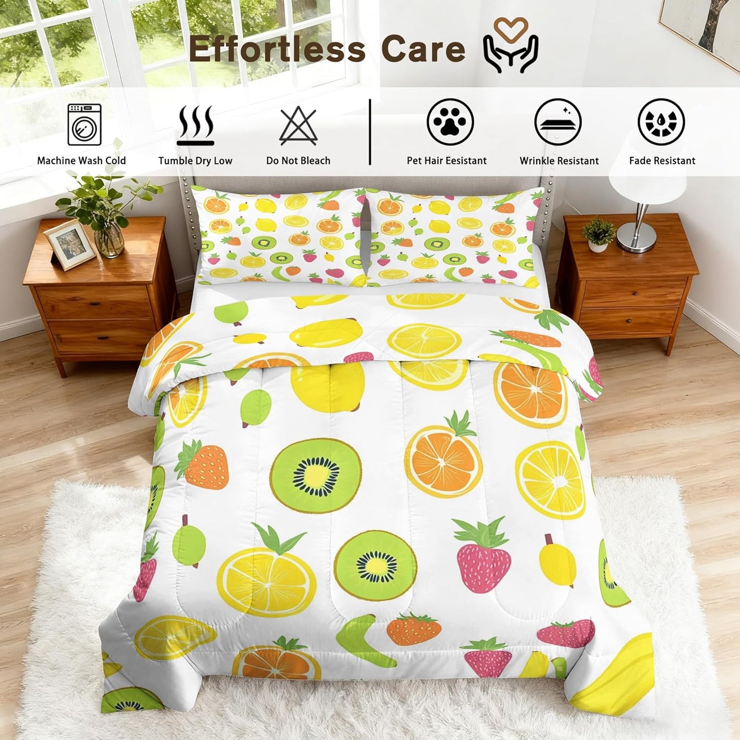 Fruit Comforter Queen Size, Lemon Kiwi Strawberry Banana Comforter All Season Down Alternative Queen, Fruit Bedding Set Bedroom Decor Duvet with Pillowcase