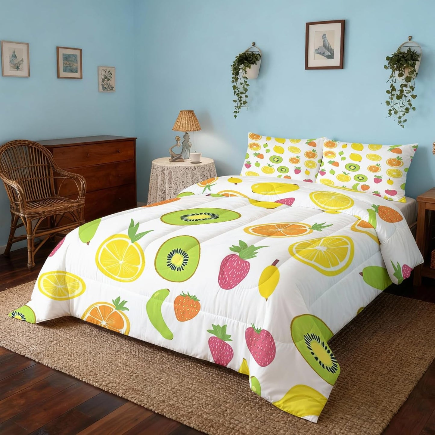 Fruit Comforter Queen Size, Lemon Kiwi Strawberry Banana Comforter All Season Down Alternative Queen, Fruit Bedding Set Bedroom Decor Duvet with Pillowcase