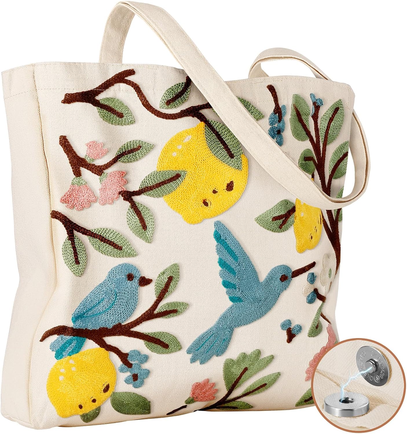 Buckle Embroidery Canvas Tote Bag for Women | Spacious Capacity, Reusable Tote, Aesthetic Cute Shoulder Bag for Shopping, Grocery