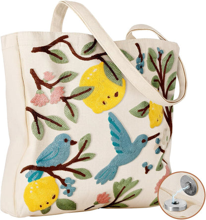 Buckle Embroidery Canvas Tote Bag for Women | Spacious Capacity, Reusable Tote, Aesthetic Cute Shoulder Bag for Shopping, Grocery