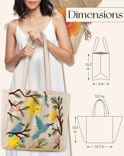 Buckle Embroidery Canvas Tote Bag for Women | Spacious Capacity, Reusable Tote, Aesthetic Cute Shoulder Bag for Shopping, Grocery