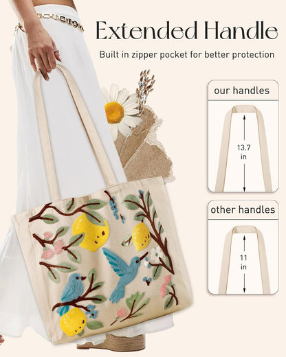 Buckle Embroidery Canvas Tote Bag for Women | Spacious Capacity, Reusable Tote, Aesthetic Cute Shoulder Bag for Shopping, Grocery
