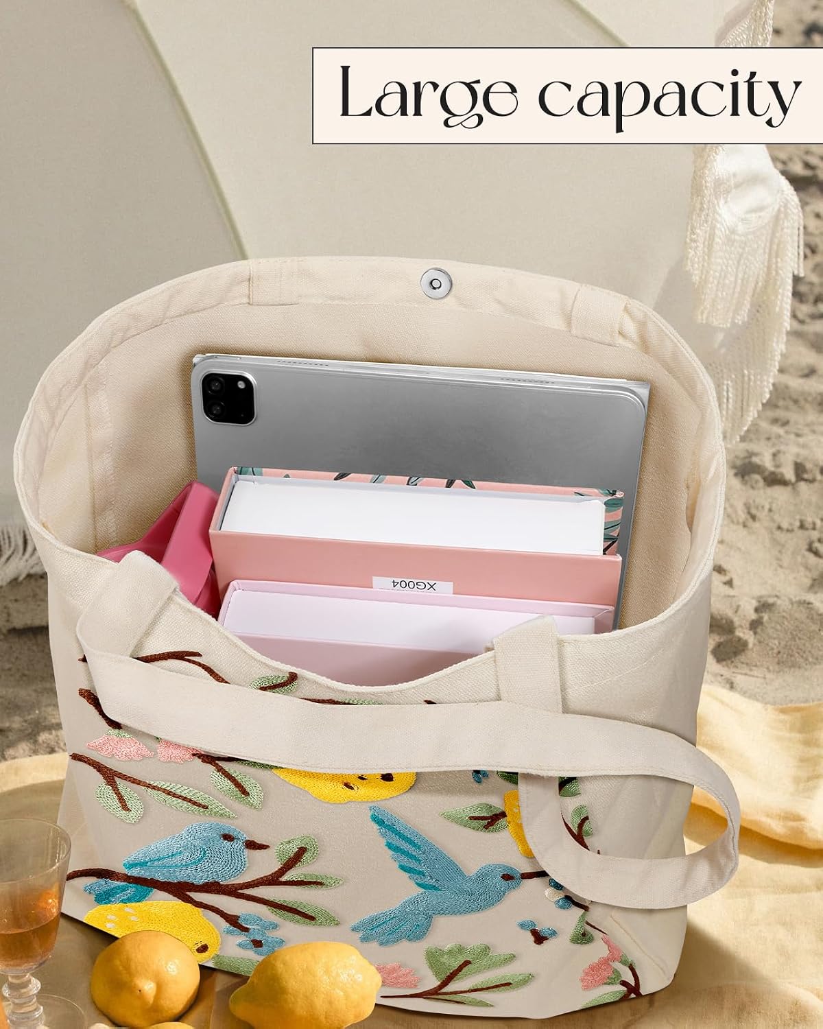Buckle Embroidery Canvas Tote Bag for Women | Spacious Capacity, Reusable Tote, Aesthetic Cute Shoulder Bag for Shopping, Grocery