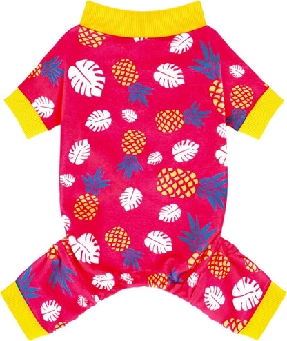 4-Legged Cotton Stretchable Jumpsuit Pjs: Pineapple Pattern Dog Pajamas - Lightweight Cozy Puppy Onesie Clothes, Comfortable Pet Sleepwear Jammies for Hair Shedding Coverage Yellow Edge M