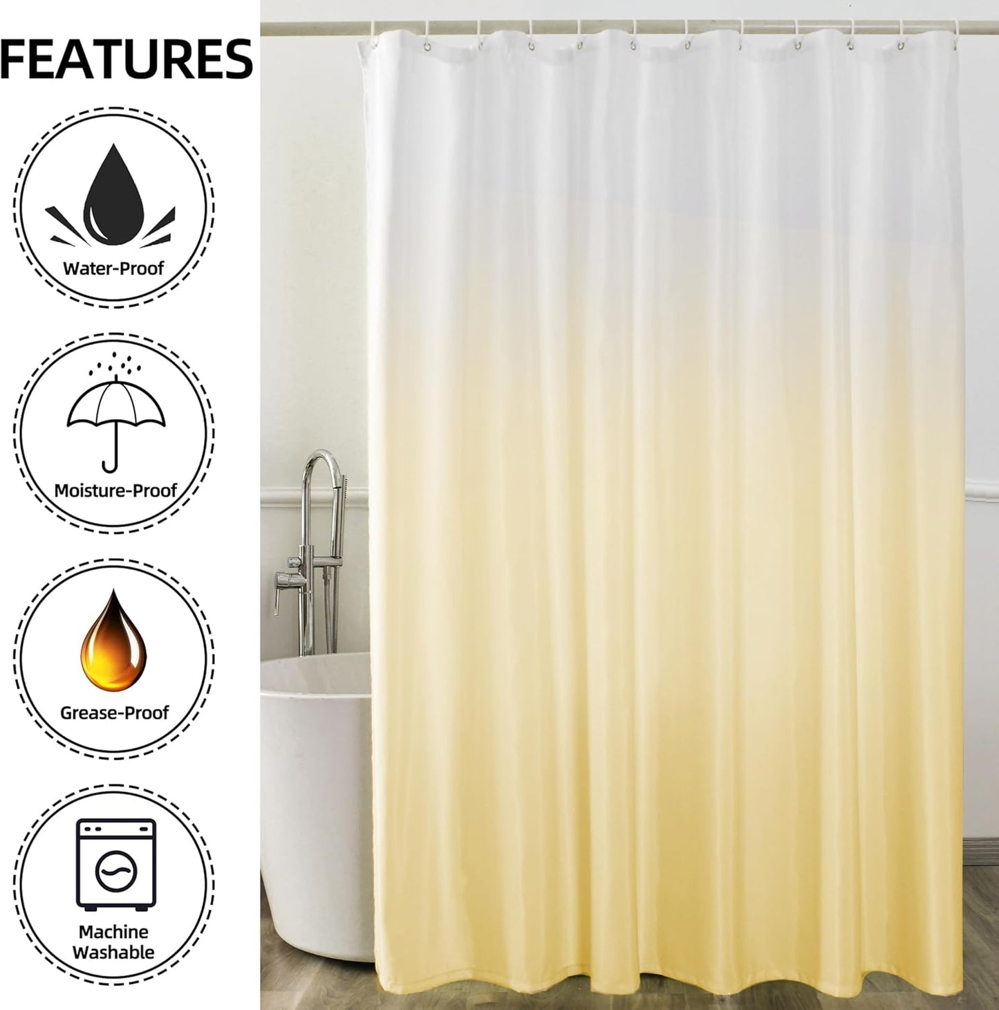 Yellow Ombre Shower Curtain Sets for Bathroom Accessories Fabric Polyester Waterproof Modern Shower Curtain Liner with 12 Hooks W72xL72