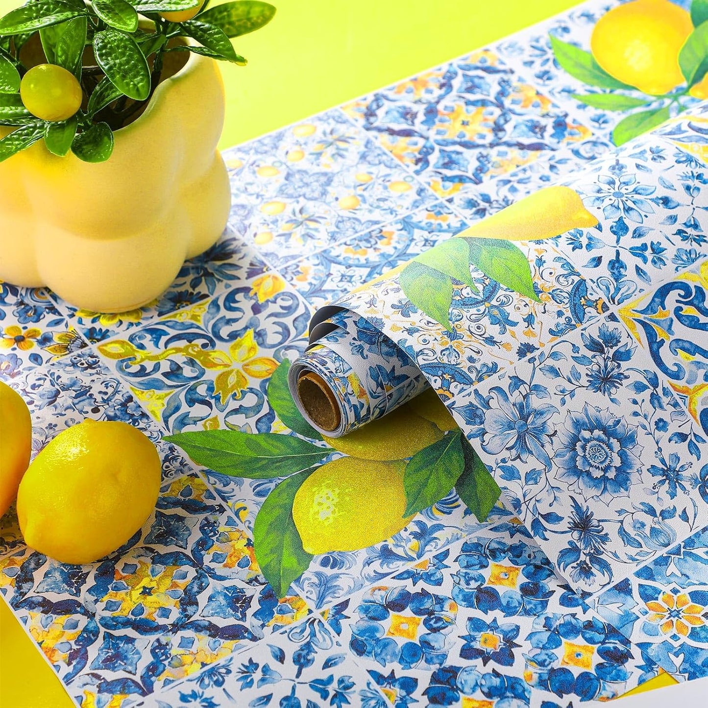 Amalfi Coast Wallpaper Peel and Stick Contact Paper 15.8 x 118.1in Capri Lemon Wallpaper Self Adhesive Removable Blue and Yellow Wall Sticker Paper for Home Classroom Locker Dorm Decor