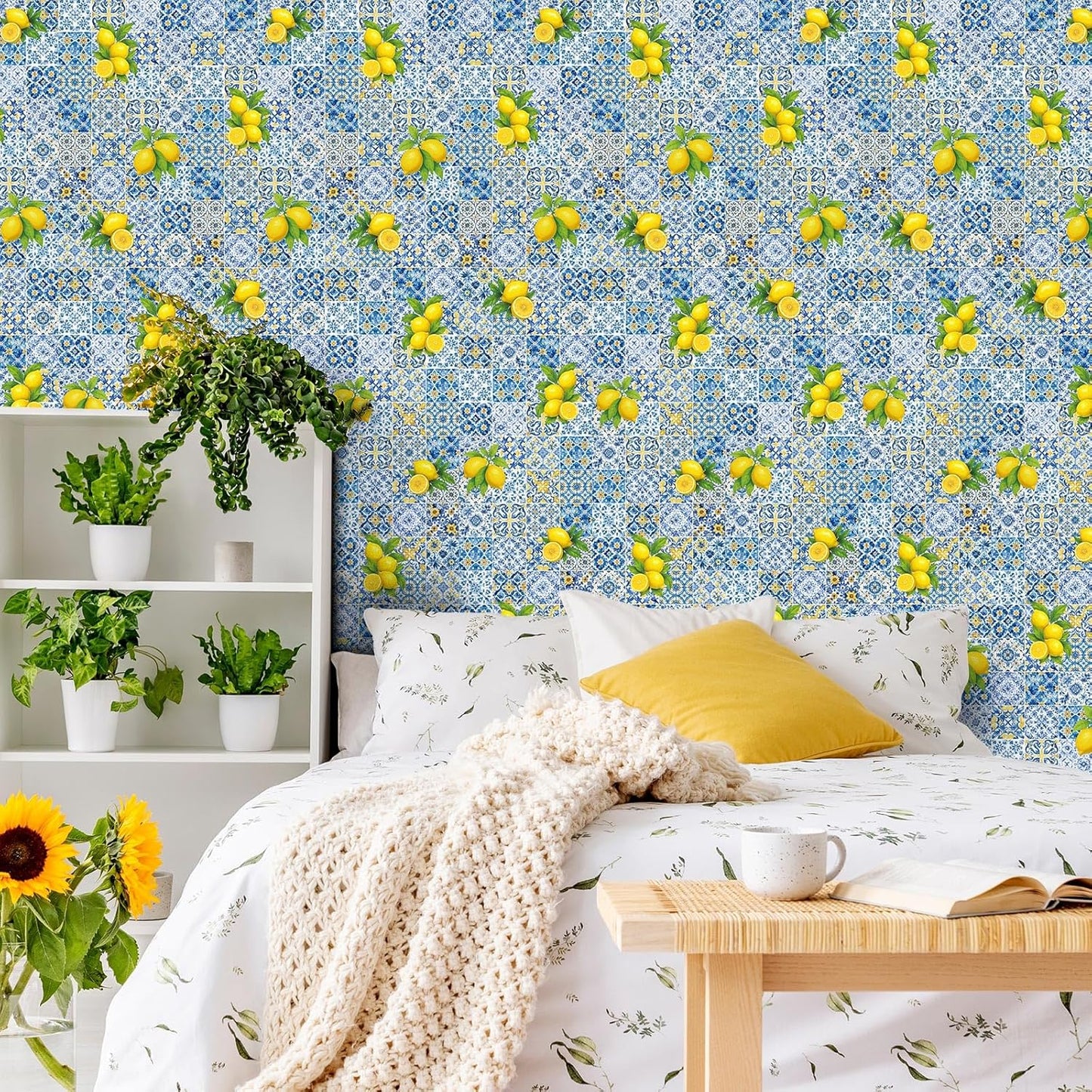 Amalfi Coast Wallpaper Peel and Stick Contact Paper 15.8 x 118.1in Capri Lemon Wallpaper Self Adhesive Removable Blue and Yellow Wall Sticker Paper for Home Classroom Locker Dorm Decor