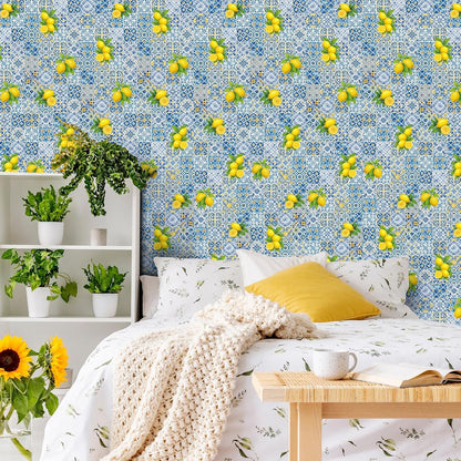 Amalfi Coast Wallpaper Peel and Stick Contact Paper 15.8 x 118.1in Capri Lemon Wallpaper Self Adhesive Removable Blue and Yellow Wall Sticker Paper for Home Classroom Locker Dorm Decor