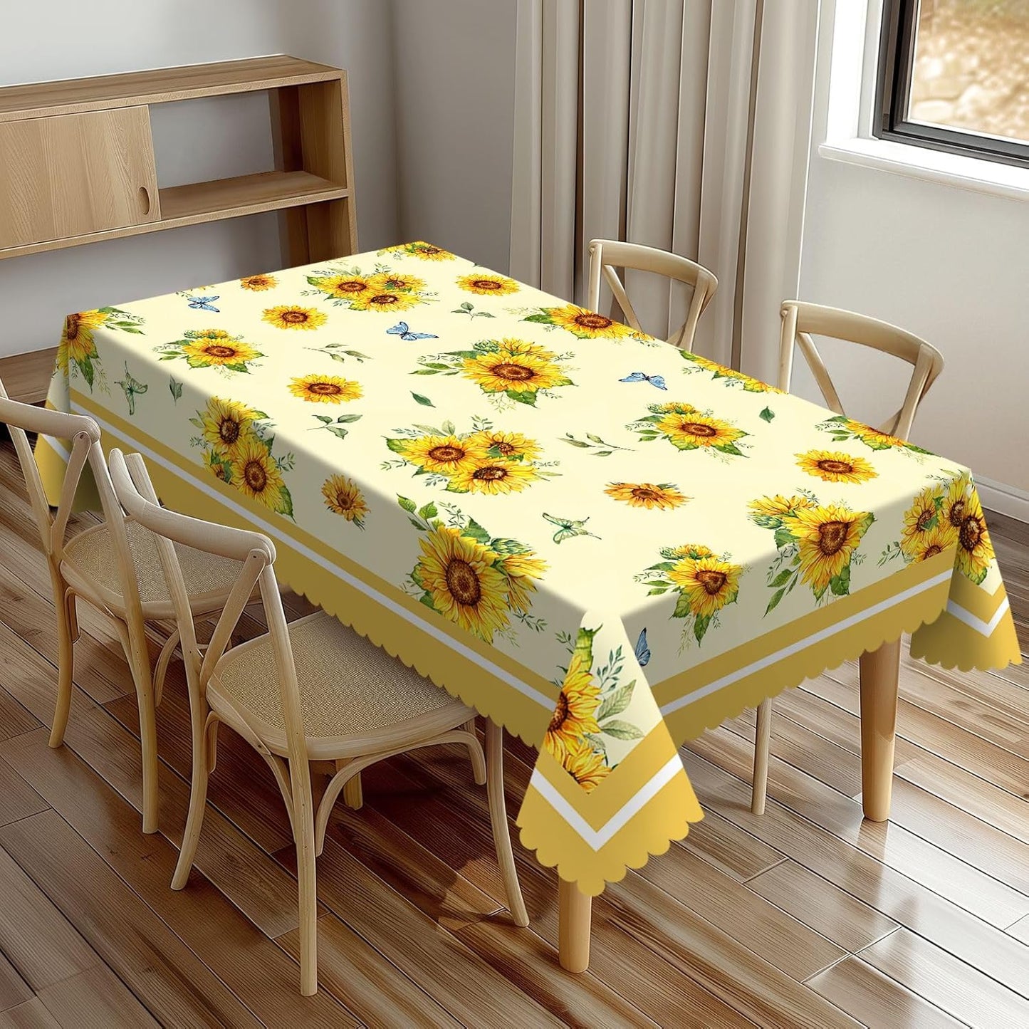 Sunflowers Pattern Tablecloth 54x72 Inches, Yellow Flower Rectangular Polyester Table Cover with Wave Lace, Washable Dining Table Cloth for Kitchen, Party, Outdoor