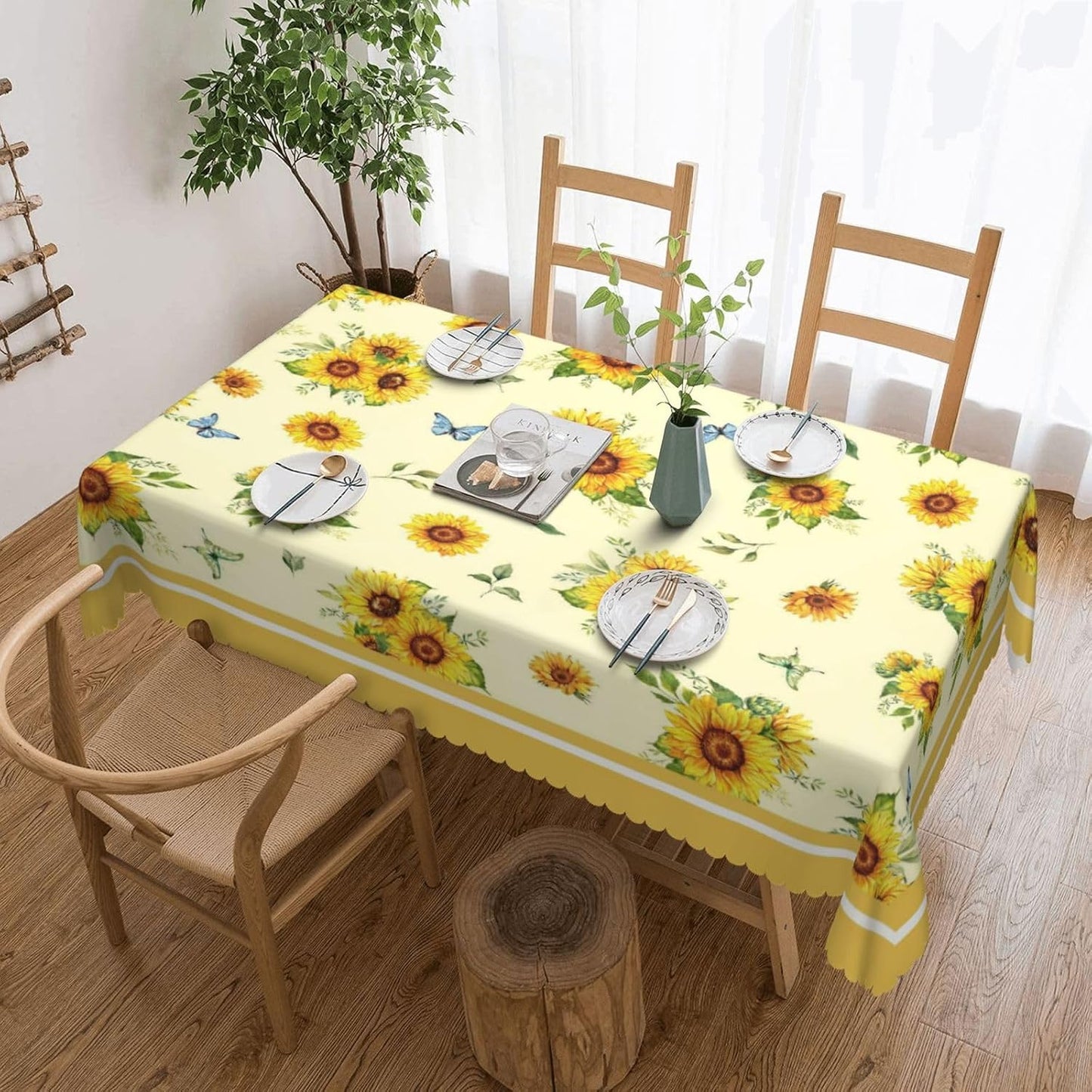 Sunflowers Pattern Tablecloth 54x72 Inches, Yellow Flower Rectangular Polyester Table Cover with Wave Lace, Washable Dining Table Cloth for Kitchen, Party, Outdoor