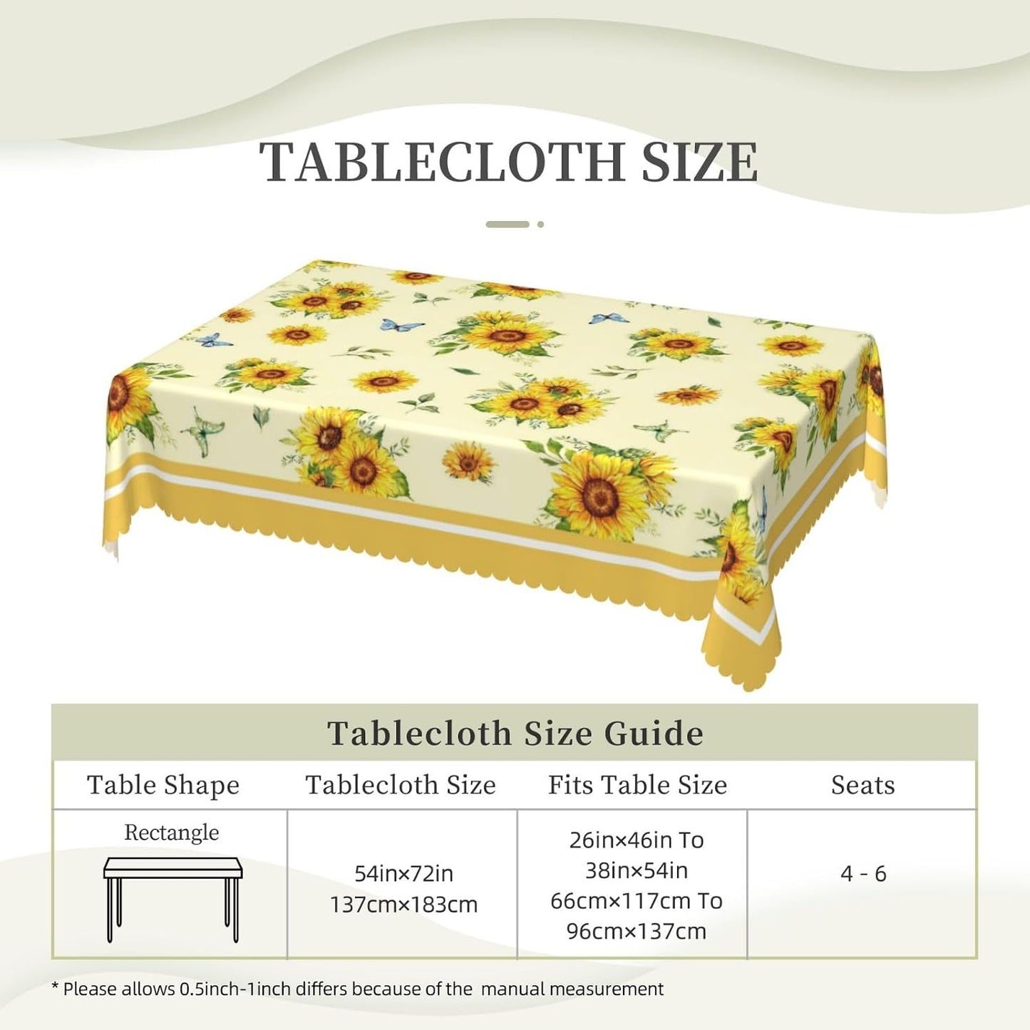 Sunflowers Pattern Tablecloth 54x72 Inches, Yellow Flower Rectangular Polyester Table Cover with Wave Lace, Washable Dining Table Cloth for Kitchen, Party, Outdoor