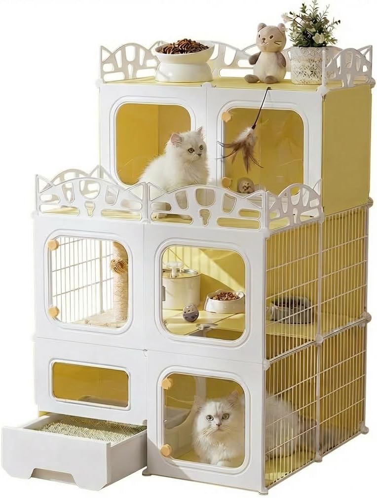 Cat Cage with Built-in Litter Box & Interactive Platform, Top Storage Shelf, Cat Cage Indoor & Outdoor Use, Expandable Cat Playpen