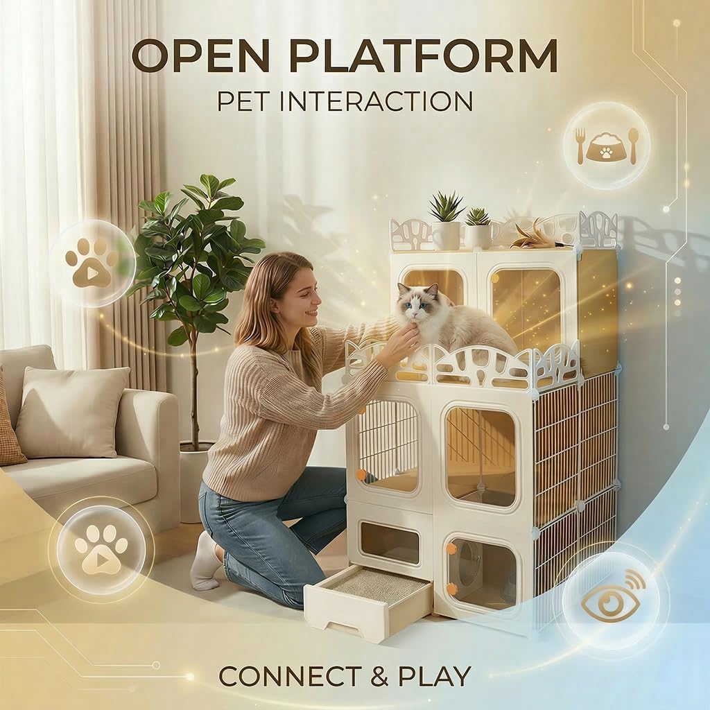 Cat Cage with Built-in Litter Box & Interactive Platform, Top Storage Shelf, Cat Cage Indoor & Outdoor Use, Expandable Cat Playpen