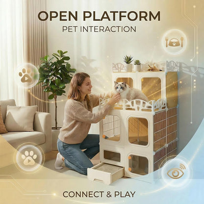 Cat Cage with Built-in Litter Box & Interactive Platform, Top Storage Shelf, Cat Cage Indoor & Outdoor Use, Expandable Cat Playpen