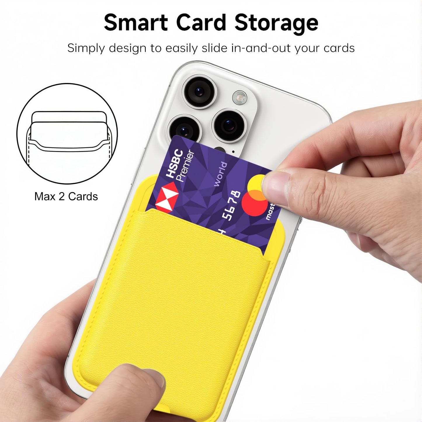 Phone Wallet Stick On, Slim Thin Adhesive ID Credit Card Holder Wallet Pocket Back of Phone Case, Hard Shell Plastic Sleeve Sticky Card Wallets Pouch for iPhone Samsung Pixel, Yellow