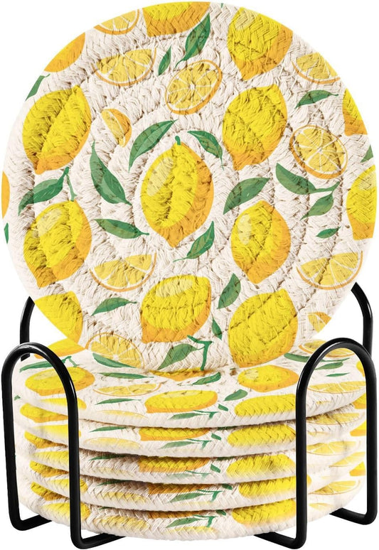 Lemons Absorbent Woven Coasters Set of 6 with Metal Holder 3.9 Inch Round Drink Coasters for Coffee Table, Home Bar & Office Decor Table Protection