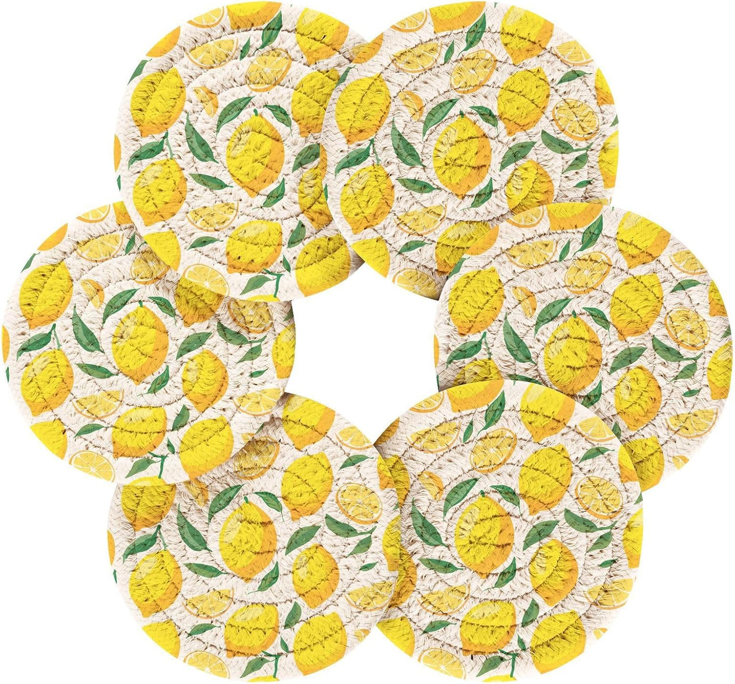 Lemons Absorbent Woven Coasters Set of 6 with Metal Holder 3.9 Inch Round Drink Coasters for Coffee Table, Home Bar & Office Decor Table Protection