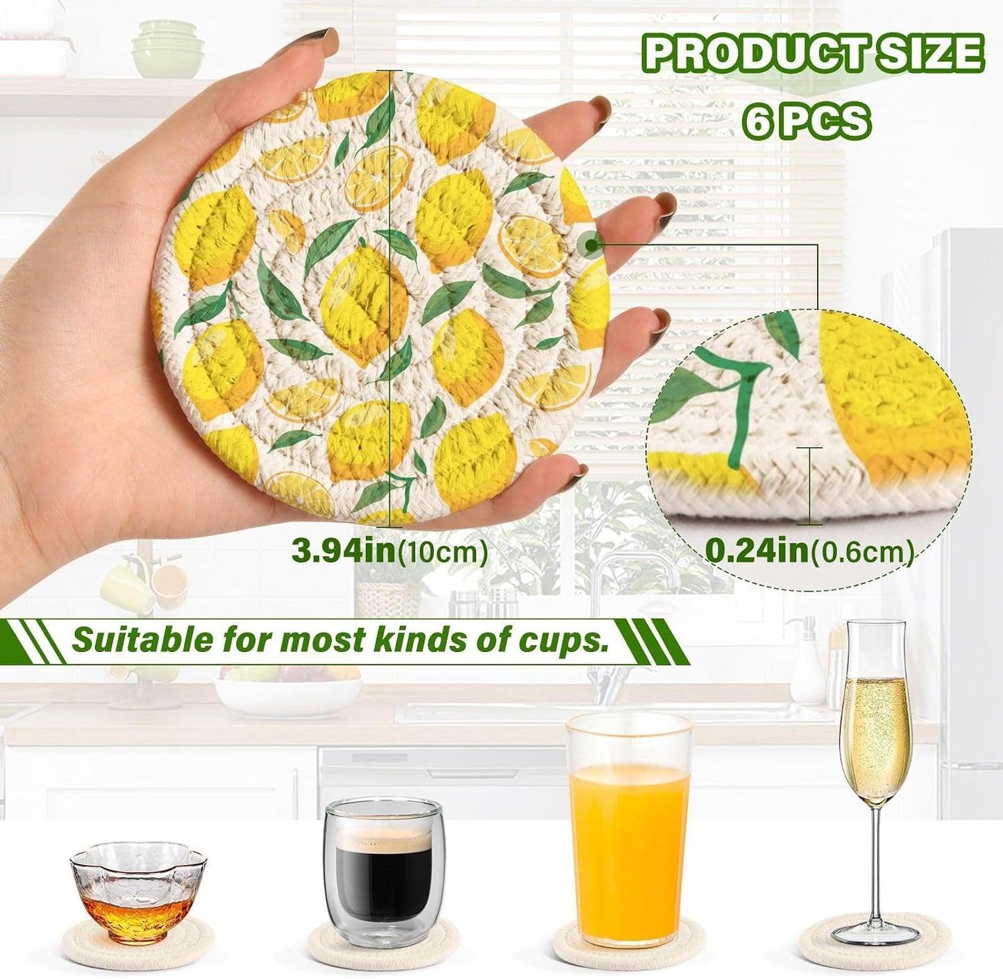 Lemons Absorbent Woven Coasters Set of 6 with Metal Holder 3.9 Inch Round Drink Coasters for Coffee Table, Home Bar & Office Decor Table Protection