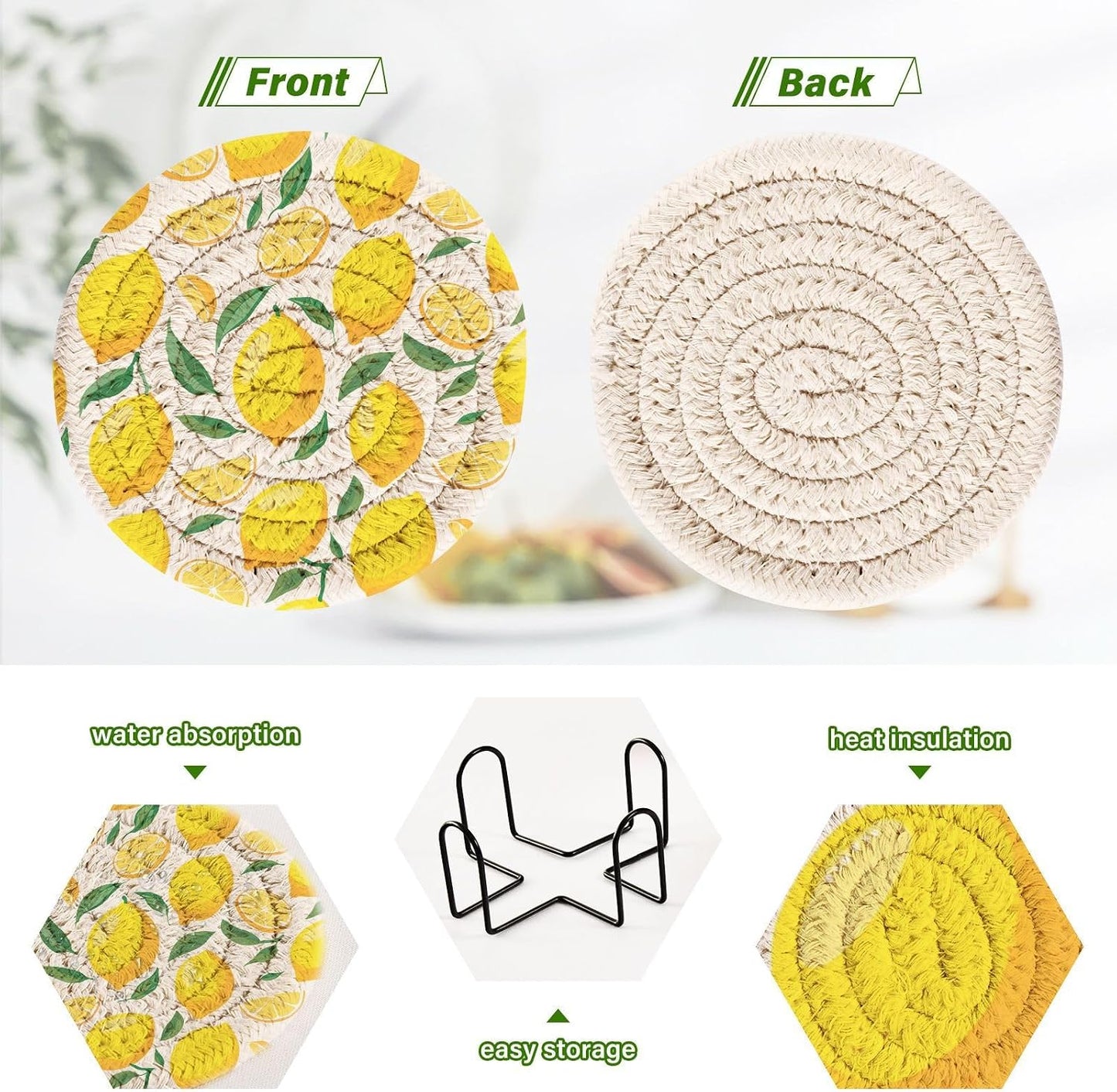 Lemons Absorbent Woven Coasters Set of 6 with Metal Holder 3.9 Inch Round Drink Coasters for Coffee Table, Home Bar & Office Decor Table Protection