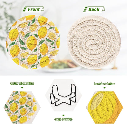 Lemons Absorbent Woven Coasters Set of 6 with Metal Holder 3.9 Inch Round Drink Coasters for Coffee Table, Home Bar & Office Decor Table Protection