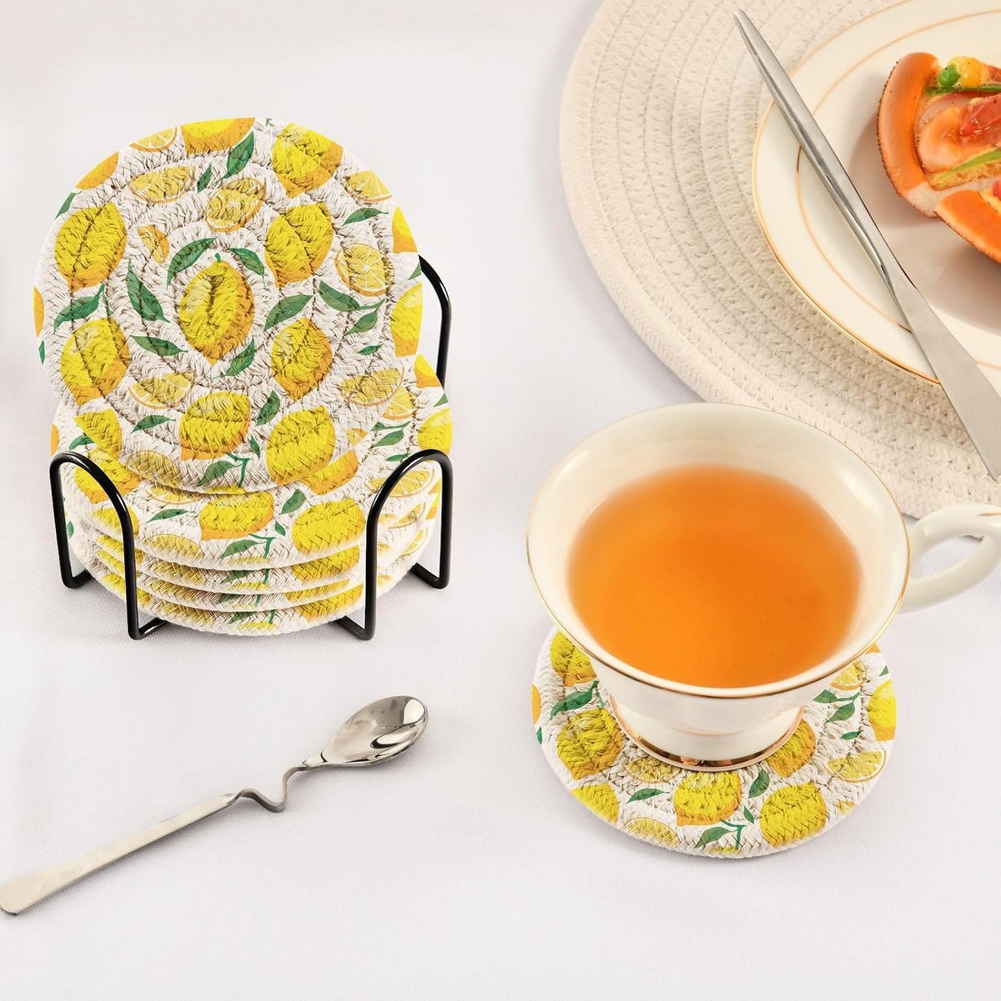 Lemons Absorbent Woven Coasters Set of 6 with Metal Holder 3.9 Inch Round Drink Coasters for Coffee Table, Home Bar & Office Decor Table Protection