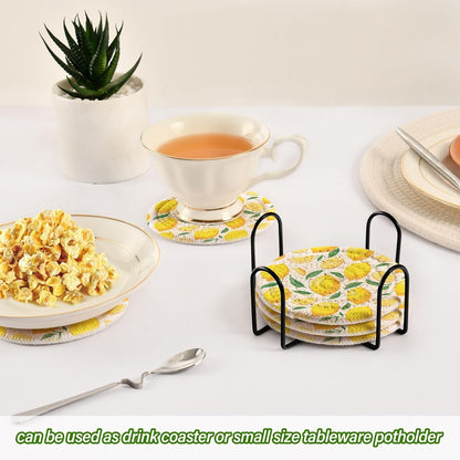 Lemons Absorbent Woven Coasters Set of 6 with Metal Holder 3.9 Inch Round Drink Coasters for Coffee Table, Home Bar & Office Decor Table Protection