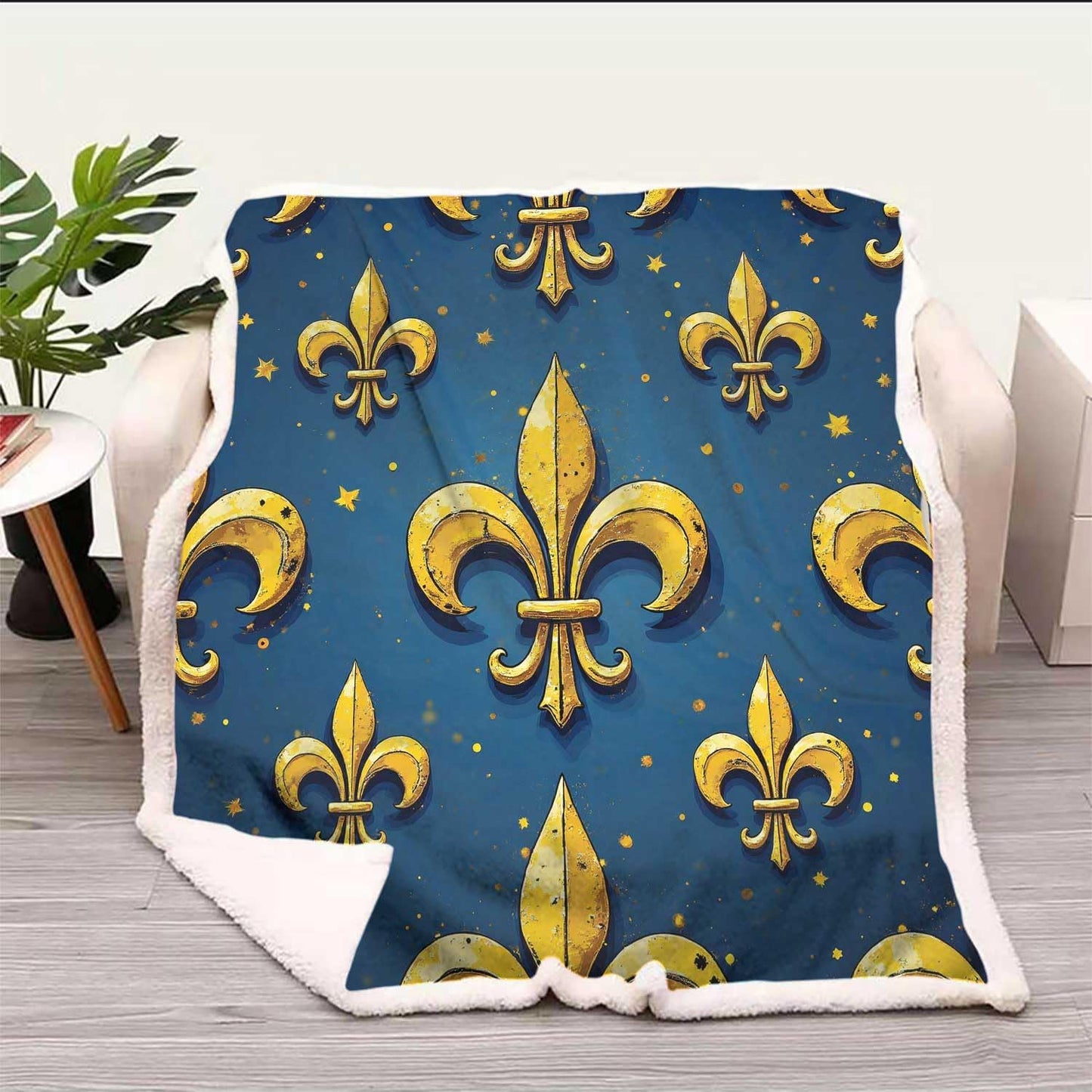 Fleur De Lis Sherpa Chunky Knit Blanket Yellow Quilt Sweat Absorbing Sofa Bed Couch Throw Size 47In x 59In