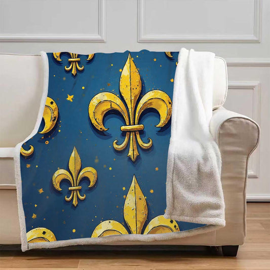 Fleur De Lis Sherpa Chunky Knit Blanket Yellow Quilt Sweat Absorbing Sofa Bed Couch Throw Size 47In x 59In