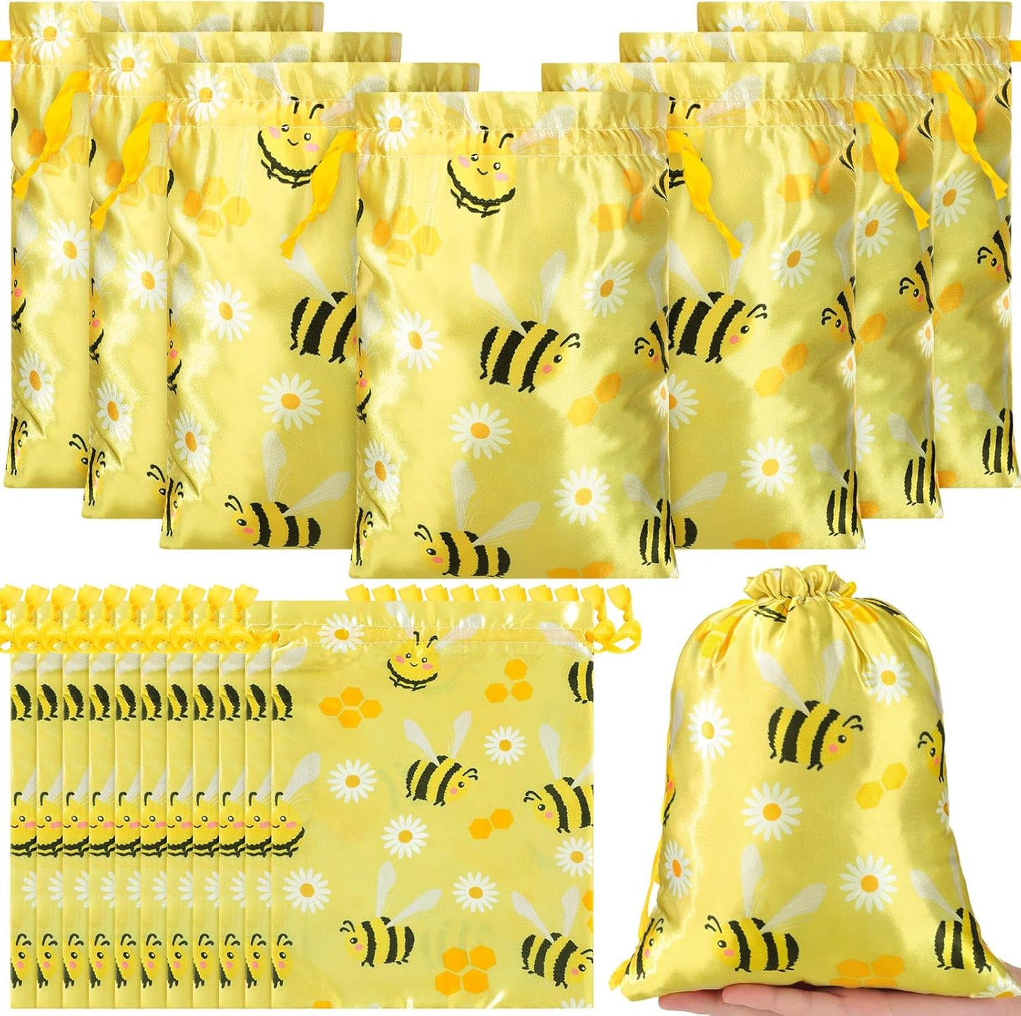 24 Pcs Bee Gift Bags Bee Theme Birthday Party Gift Bags with Drawstring Honey Candy Treats Goodies Bag Yellow Cartoon Birthday Party Favors for Kids Baby Shower Spring Holiday Supplies Gifts