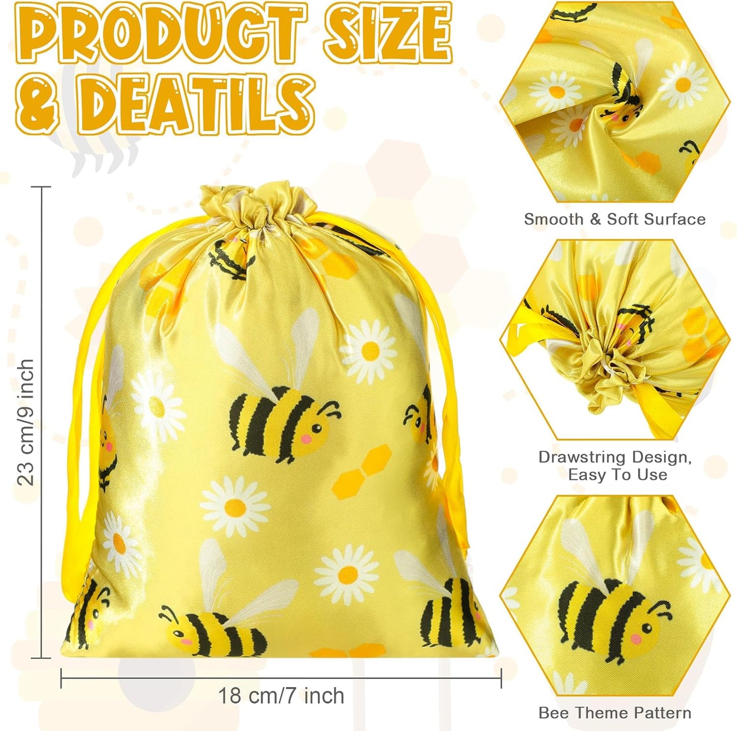 24 Pcs Bee Gift Bags Bee Theme Birthday Party Gift Bags with Drawstring Honey Candy Treats Goodies Bag Yellow Cartoon Birthday Party Favors for Kids Baby Shower Spring Holiday Supplies Gifts