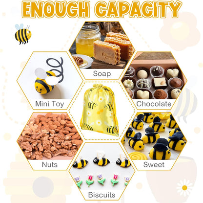 24 Pcs Bee Gift Bags Bee Theme Birthday Party Gift Bags with Drawstring Honey Candy Treats Goodies Bag Yellow Cartoon Birthday Party Favors for Kids Baby Shower Spring Holiday Supplies Gifts