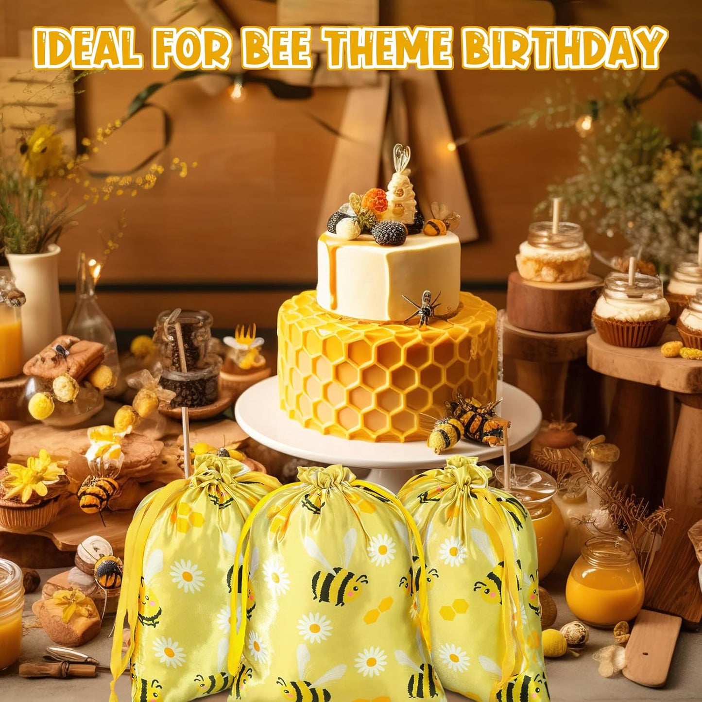 24 Pcs Bee Gift Bags Bee Theme Birthday Party Gift Bags with Drawstring Honey Candy Treats Goodies Bag Yellow Cartoon Birthday Party Favors for Kids Baby Shower Spring Holiday Supplies Gifts