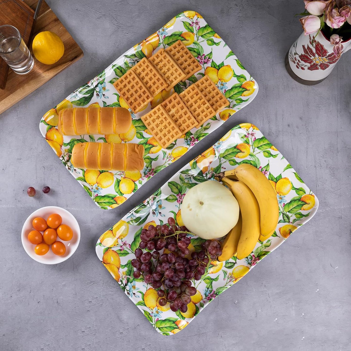 Melamine Lemon Large Rectangular Serving Tray/Platters Set of 2, 17.5" x 10", 2-Piece Melamine Platters Serving Set,Dishwasher Safe