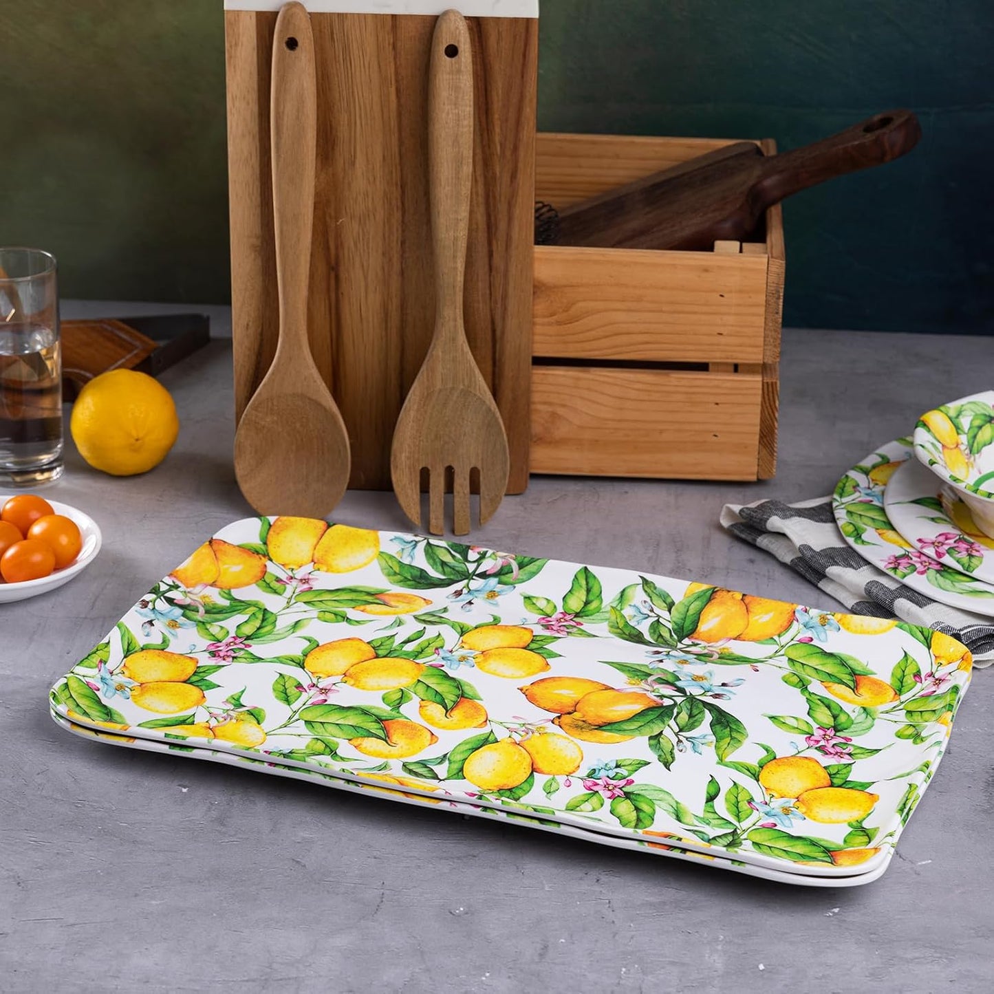 Melamine Lemon Large Rectangular Serving Tray/Platters Set of 2, 17.5" x 10", 2-Piece Melamine Platters Serving Set,Dishwasher Safe