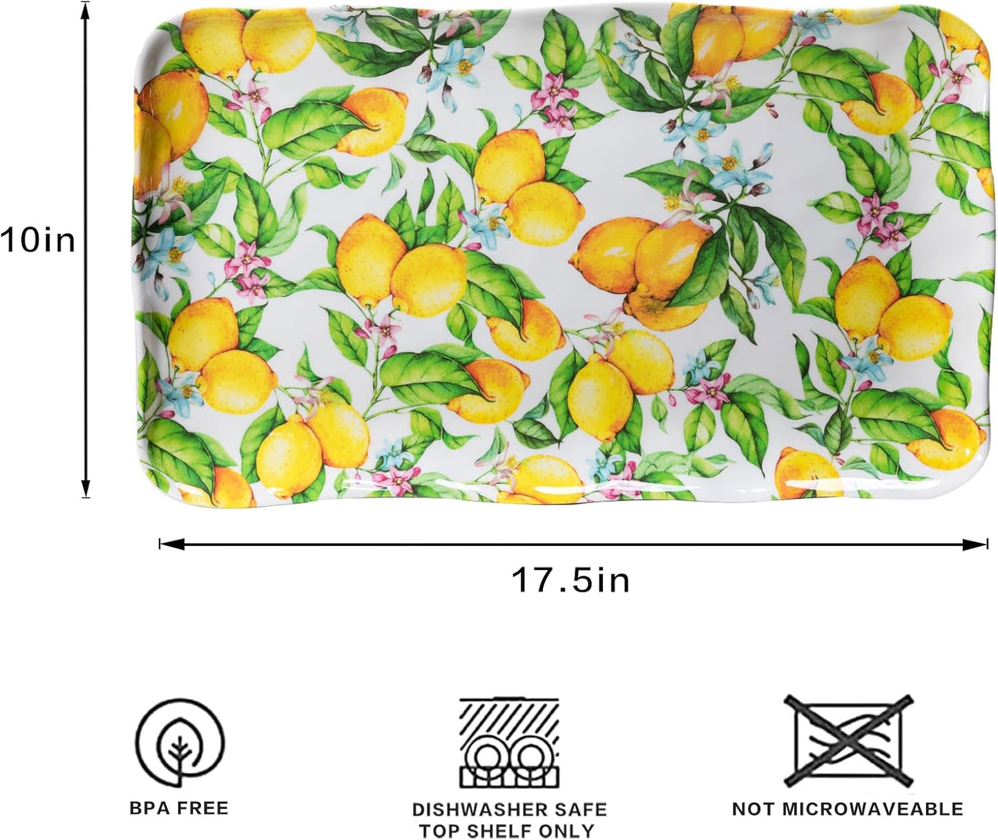 Melamine Lemon Large Rectangular Serving Tray/Platters Set of 2, 17.5" x 10", 2-Piece Melamine Platters Serving Set,Dishwasher Safe