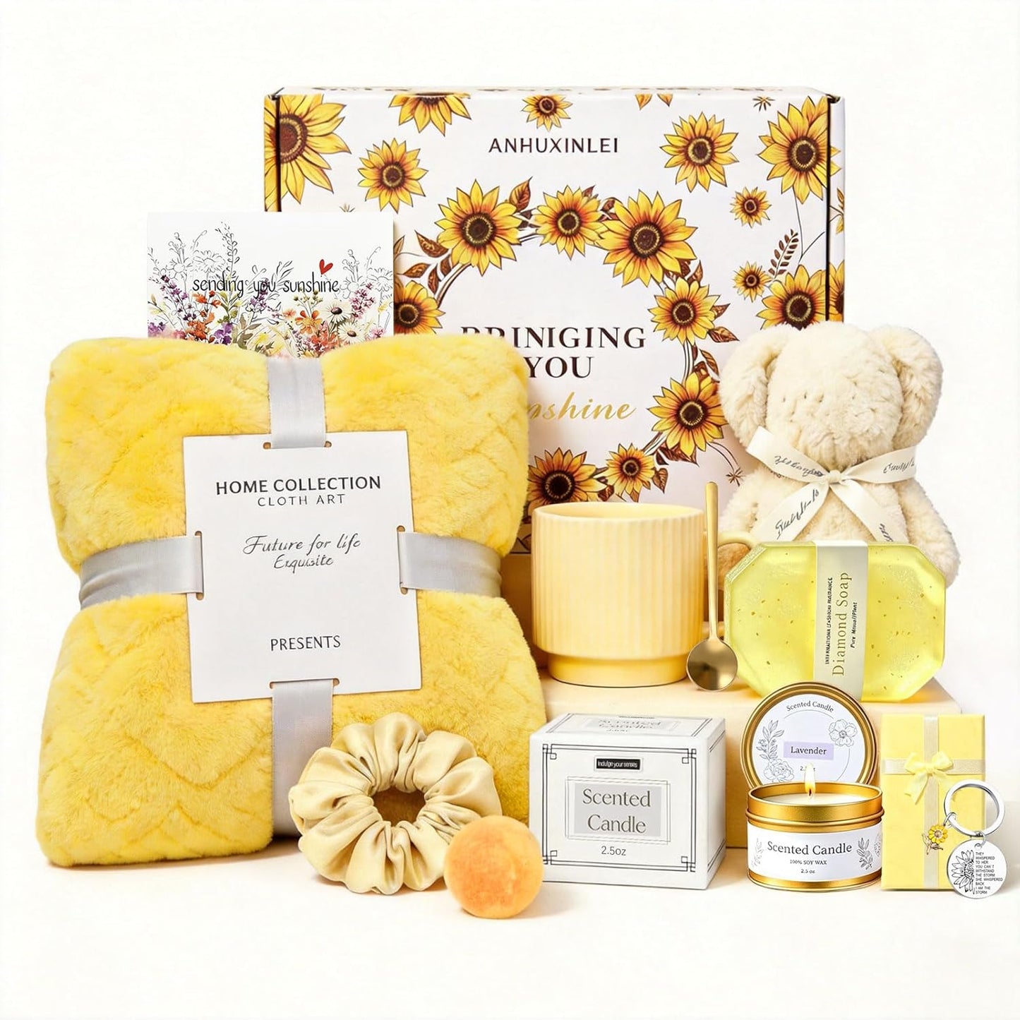 Sunflower Gifts for Women Birthday, 11Pcs Get Well Care Box | Ready-to-Give Sunshine Care Box with Cozy Blanket, Ceramic Mug, Lavender Candle and Spa Essentials