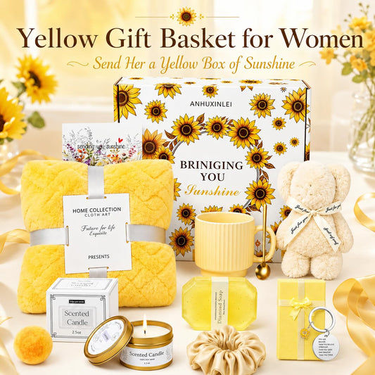 Sunflower Gifts for Women Birthday, 11Pcs Get Well Care Box | Ready-to-Give Sunshine Care Box with Cozy Blanket, Ceramic Mug, Lavender Candle and Spa Essentials